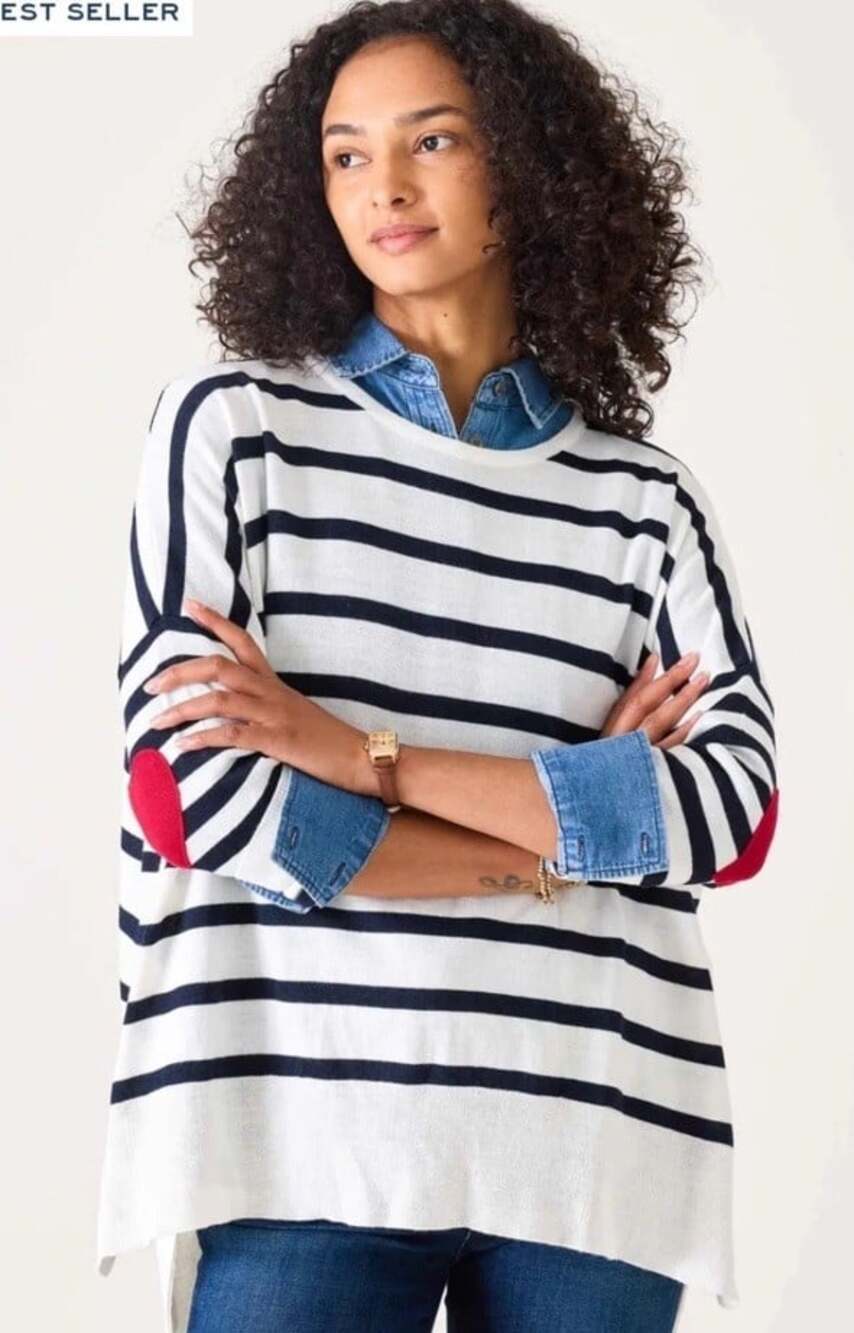 MERSEA Amour Sweater One Size Blue Stripe Heart Elbow Patch Top Knit Coastal